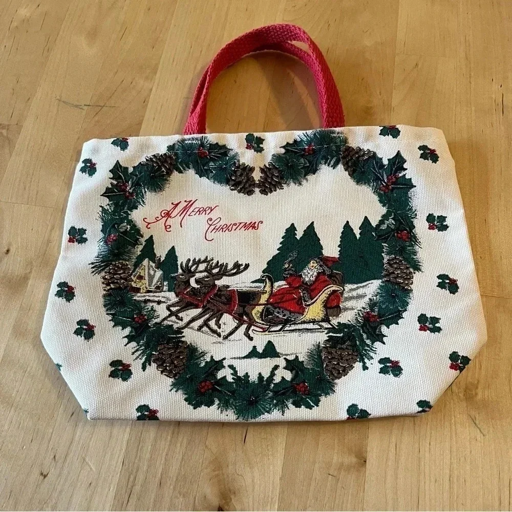 Vintage Small Hand Purse Bag Merry Christmas Santa Sleigh Heart Books